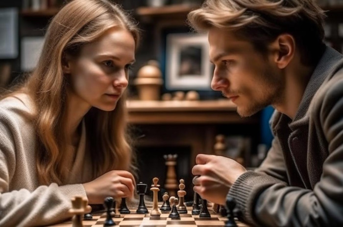 женщина и мужчина играют в шахматы